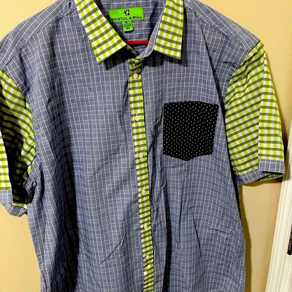 BRISTOL & BULL Short Sleeve Button Down Shirt Mix-Plaid Paneled Men XL